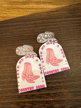 Country Song Cowboy Boot Statement Earrings - Pink & White